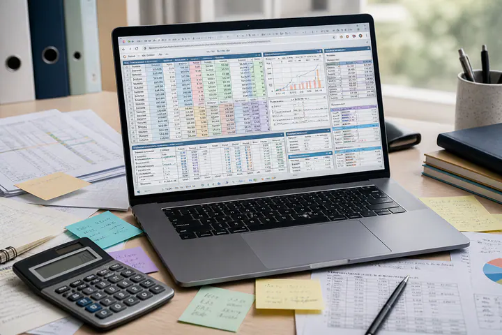Laptop dengan spreadsheet penuh tabel, sticky notes, kalkulator, dan kertas kerja